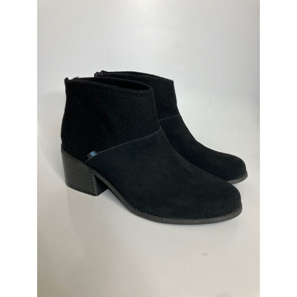 TOMS Ankle Booties Women 8.5 Black Good Suede Felt Back Zip Stacked Heel